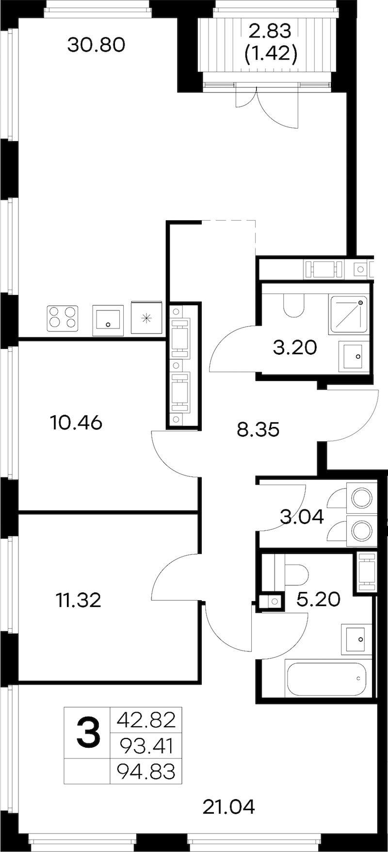3-комнатная квартира 94.83 м², 15/18 эт., ЖК «Glorax City Василеостровский»